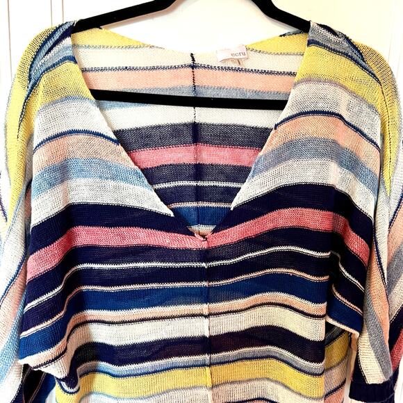 Ecru 100% Linen Open Weave Oversized Striped Sweater SZ XS - Picture 3 of 6